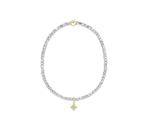 E NEWTON EXTENDS SILVER FACETED HEMATITE 2MM BEAD BRACELET -SIGNATURE CROSS GOLD CHARM