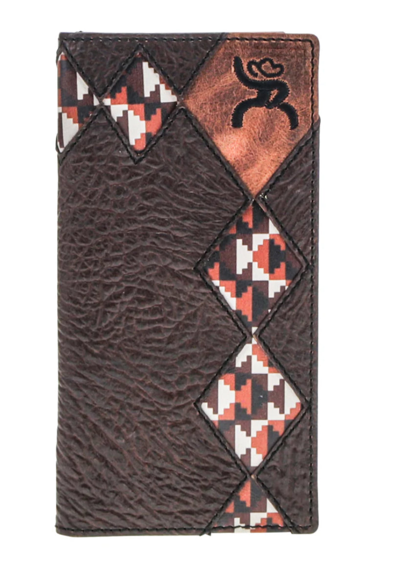 HOOEY TAHONTA ROUGHT TAN BROWN AND GRID PATTERN DIAMOND PATCHWORK LEATHER RODEO WALLET