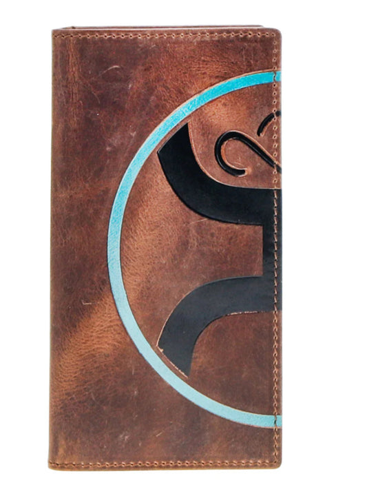 HOOEY 2.0 BROWN EMBOSSED LEATHER RODEO WALLET WITH BLACK AND TURQUOISE LOGO