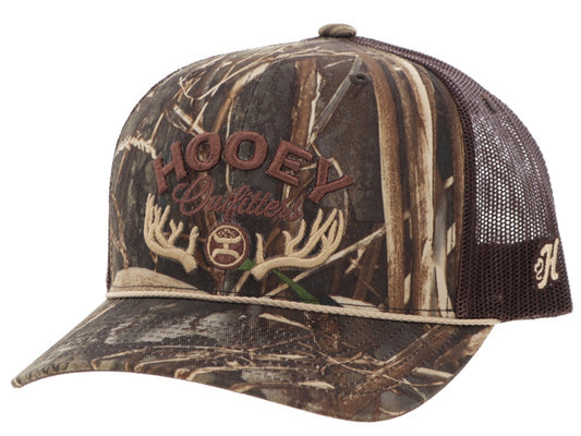 HOOEY OUTFITTERS CAMO/BROWN 5 PANEL TRUCKER WITH BROWN/TAN EMBROIDERY