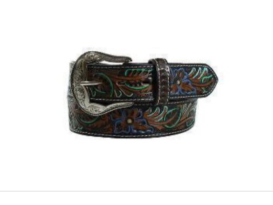 NOCONA LADIES BELT 1 1/2'' TOOLED FLORAL PATTERN BROWN