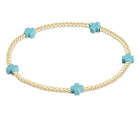 E NEWTON SIGNATURE CROSS SMALL GOLD PATTERN 2MM BEAD BRACELET TURQUOISE
