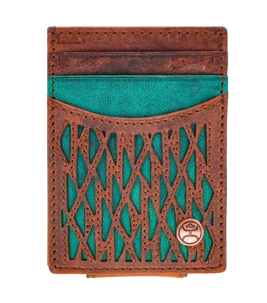 HOOEY “CHAPAWEE” LASER CUT AZTEC PRINT LEATHER MONEY CLIP WITH TURQUOISE INLAY AND HOOEY LOGO RIVET
