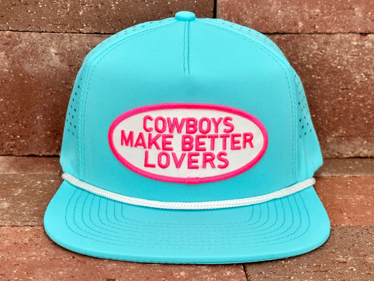 CACTUS ALLEY HAT CO COWBOYS MAKE BETTER LOVERS TURQUOISE LASER HOLES/WHITE ROPE SNAPBACK CAP