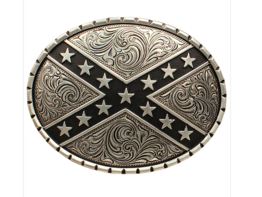 NOCONA OVAL CUT EDGE BLACK PAINTED REBEL FLAG BELT BUCKLE