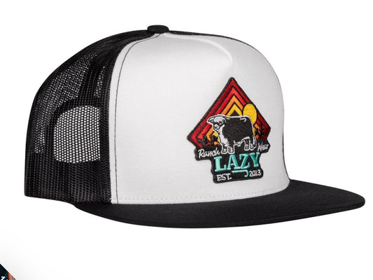 LAZY J RANCH WHITE & BLACK CACTUS SUNRISE CLASSIC FIVE PANEL TRUCKER HAT