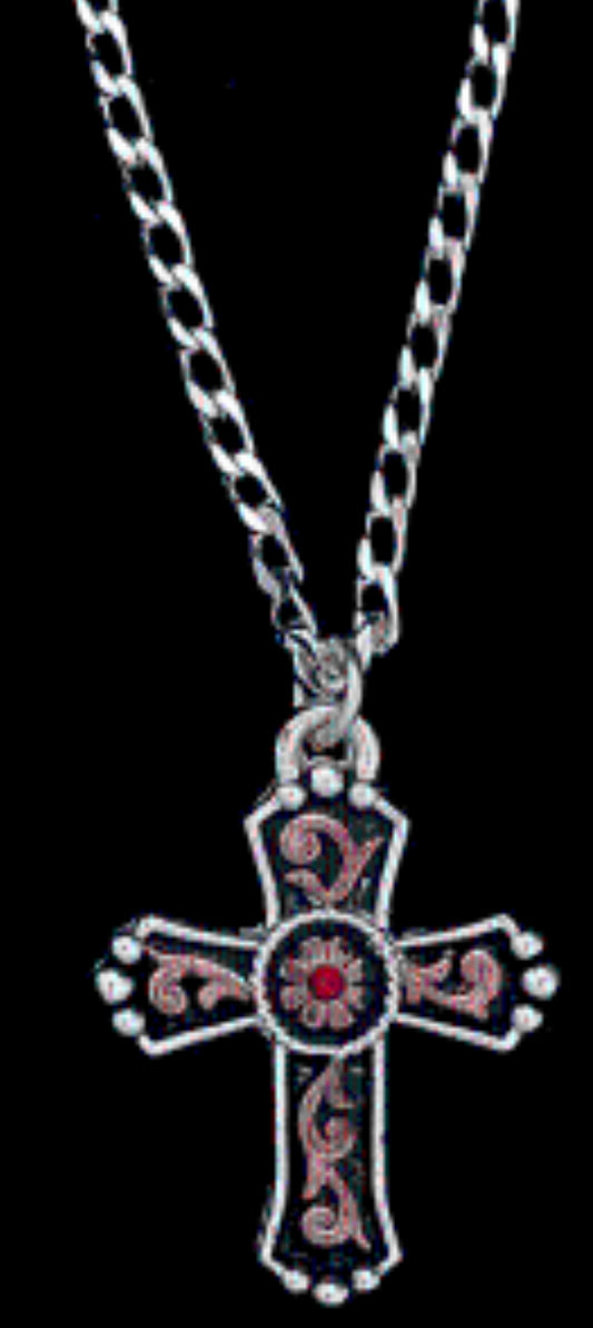 MENS SILVER/GOLD CROSS RED STAINLESS NECKLACE