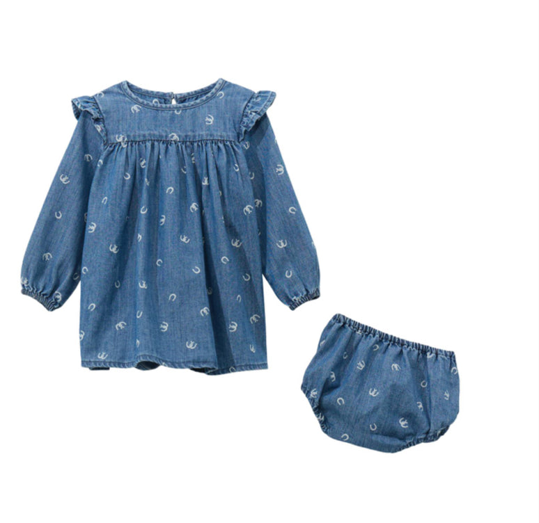 WRANGLER BABY GIRLS LONG SLEEVE DENIM DRESS WITH HORSESHOE PRINT