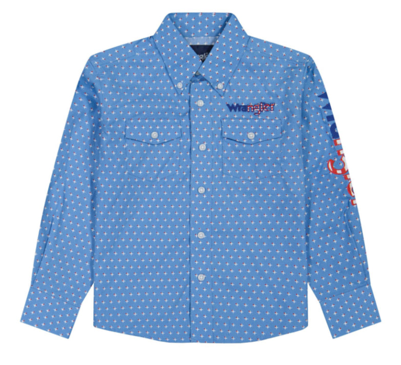 WRANGLER BOY LOGO LONG SLEEVE BUTTON UP SHIRT