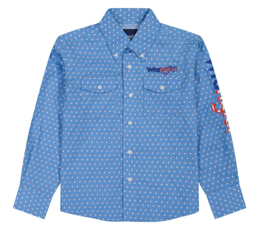 WRANGLER BOY LOGO LONG SLEEVE BUTTON UP SHIRT