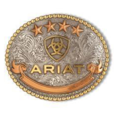 ARIAT OVAL BEAD EDGE ARIAT LOGO ANTIQUE SILVER AND ANTIQUE GOLD
