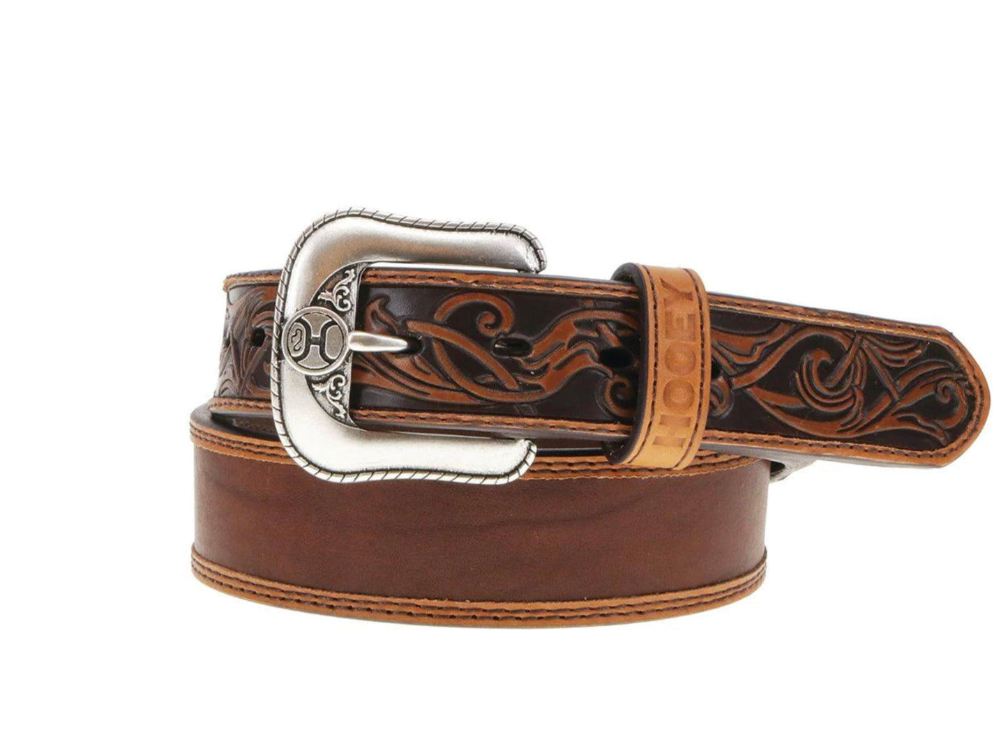 HOOEY “RANCHERO” 1.75”-1.5” TAPERED DISTRESSED BROWN LEATHER BELT WITH FILIGREE BILLETS AND NATURAL DOUBLE WELT ACCENT EDGE