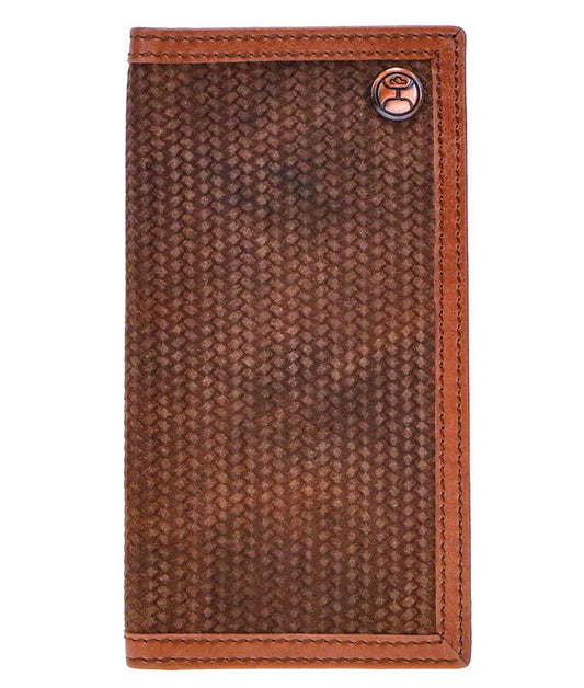 HOOEY “CLASSIC ROUGHOUT” BASKET WEAVE EMBOSSED ROUGHOUT RODEO WALLET WITH BROWN LEATHER DOUBLE WELT EDGE WITH HOOEY LOGO RIVET