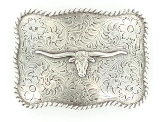 NOCONA RECTANGLE ROPE EDGE LONGHORN FLORAL BELT BUCKLE