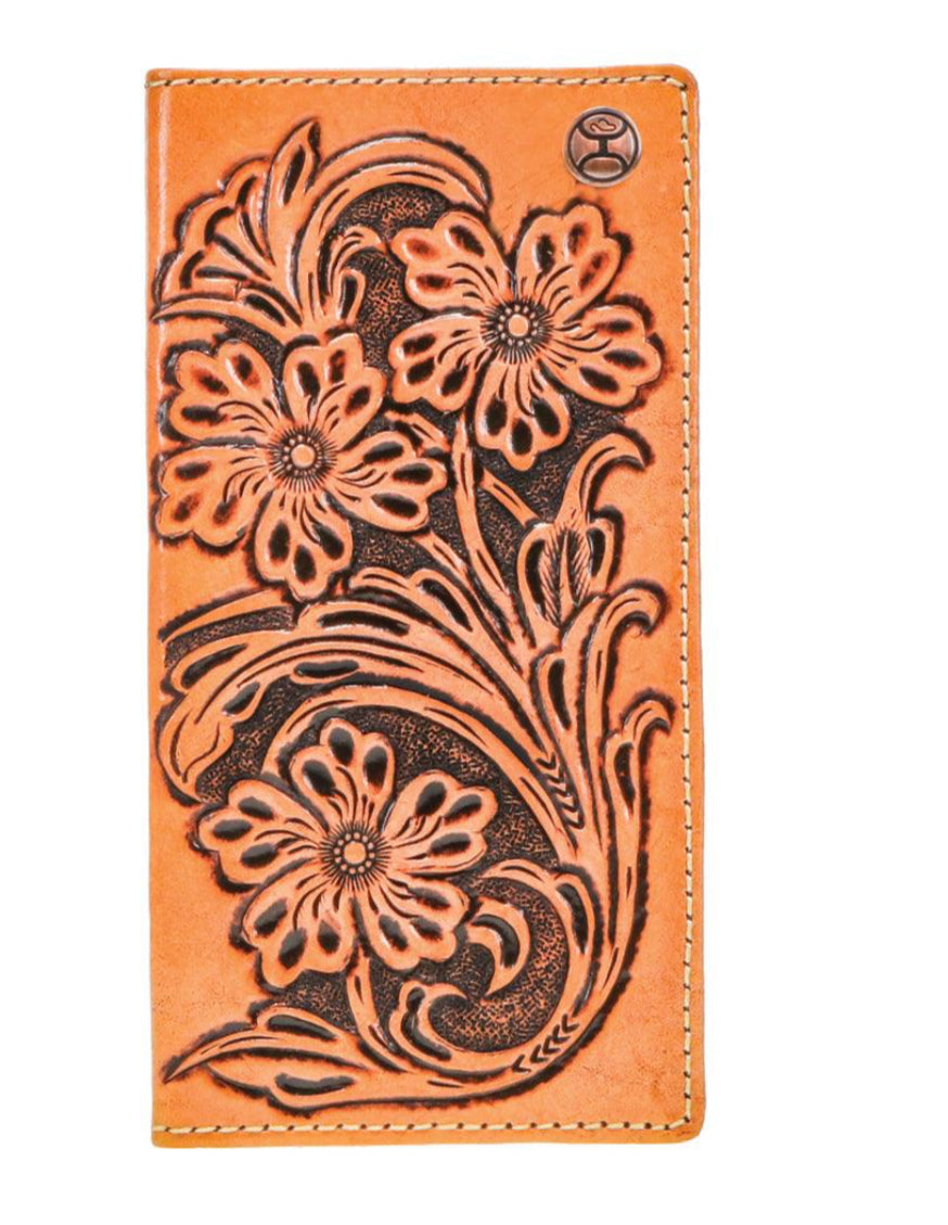 HOOEY ANHALT ALL OVER HAND-TOOLED LEATHER FLORAL RODEO WALLET WITH HOOEY LOGO RIVET