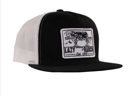 LAZY J RANCH BLACK & WHITE BULL TRAP CLASSIC FIVE PANEL TRUCKER HAT
