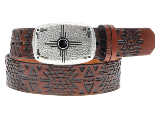 HOOEY WOMENS “DAKOTA” 1.5” BROWN LEATHER BELT WITH BLACK AZTEC EMBOSS AND COPPER THUNDERBIRD BUCKLE WITH FAUX ONYX STONE