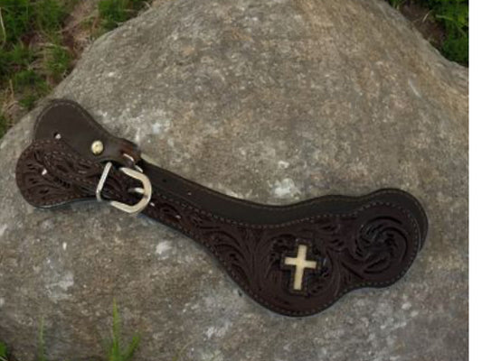 SPUR STRAP, LEATHER CARVING AND WHITE HAIR ON CROSS INLAY, BROWN MENS