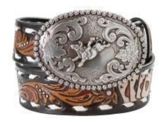 NOCONA BOYS BELT 1 1/4" ACES WHITE BUCK LACE BLACK