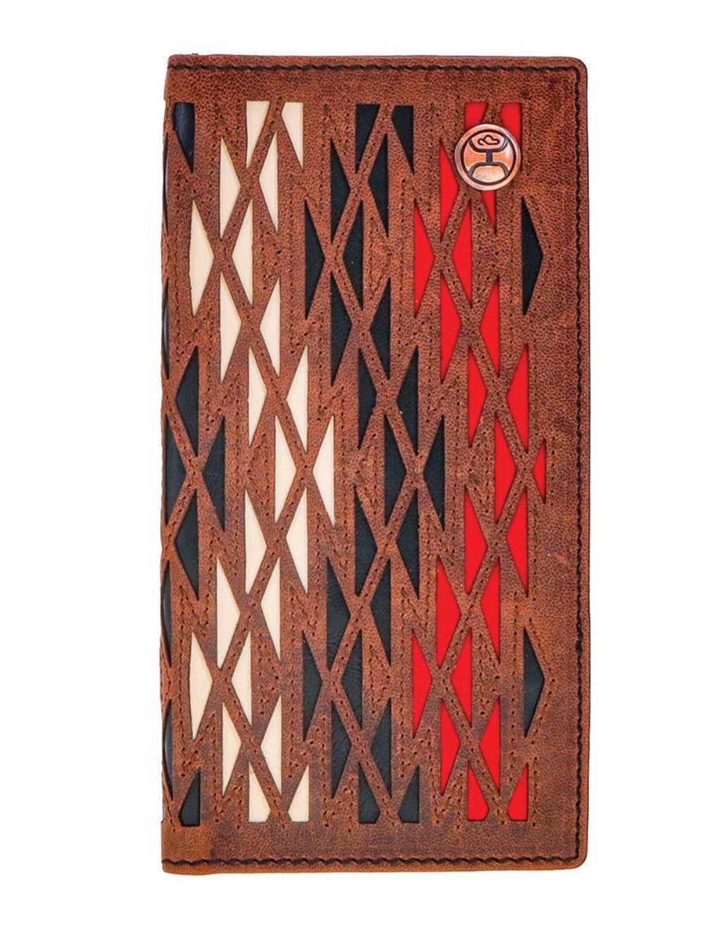 HOOEY “CHAPAWEE” LASER CUT AZTEC PRINT LEATHER RODEO WALLET WITH BLACK/RED/IVORY INLAY AND HOOEY LOGO RIVET