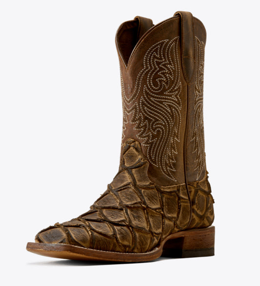 ARIAT MENS RIVERSIDE WIDE SQUARE TOE TAN BASS PRINT COWBOY BOOT