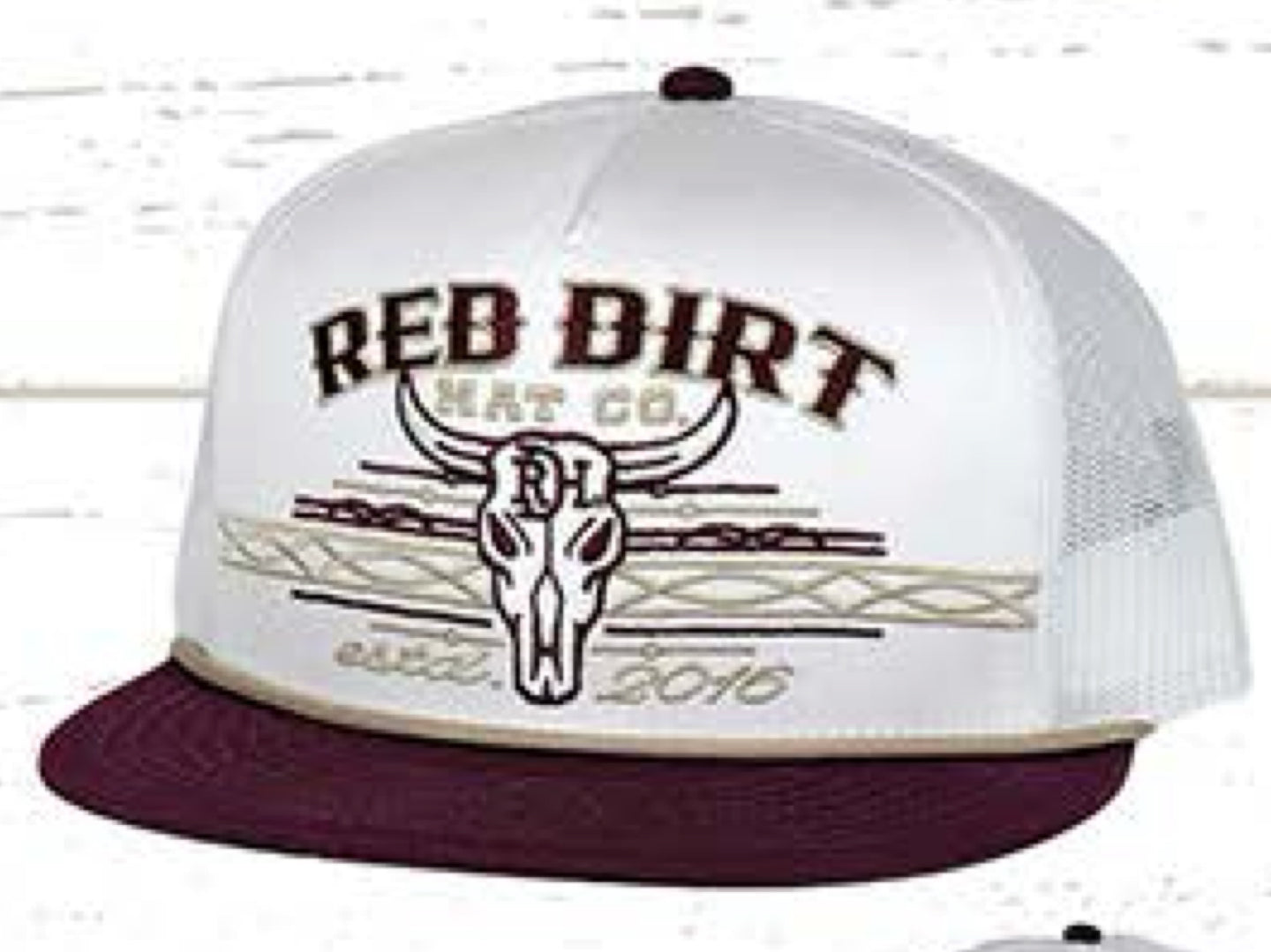 RED DIRT HAT CO SPIRIT-WHITE/WHITE-MAROON FLAT BILL TAN ROPE 5 PANEL SNAPBACK HAT