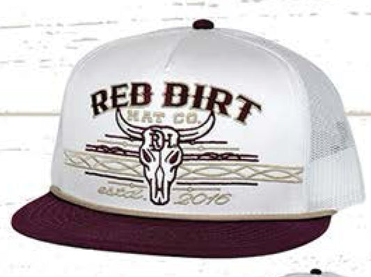 RED DIRT HAT CO SPIRIT-WHITE/WHITE-MAROON FLAT BILL TAN ROPE 5 PANEL SNAPBACK HAT