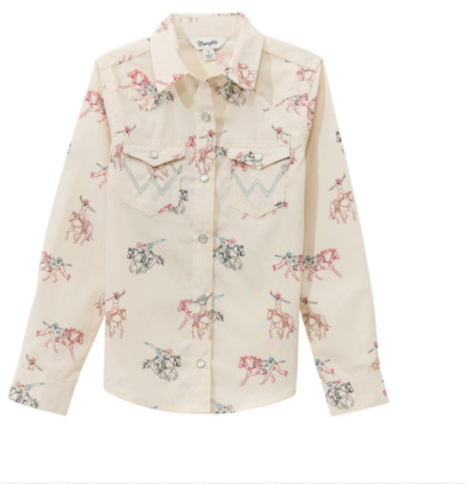 WRANGLER GIRLS WESTERN LONG SLEEVE SNAP RIDER SHSIRT