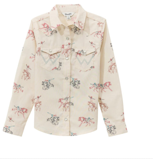 WRANGLER GIRLS WESTERN LONG SLEEVE SNAP RIDER SHSIRT