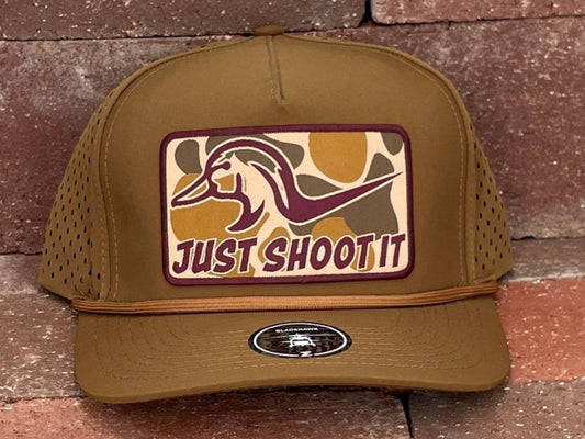 CACTUS ALLEY HAT CO JUST SHOOT IT CAMO ZAPPED CARAMEL LASER HOLES CARAMEL ROPE SNAPBACK CAP