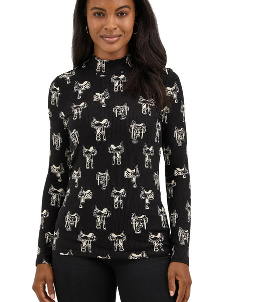 WRANGLER WOMENS WESTERN LONG SLEEVE PUNCHY MOCK NECK TOP WITH SADDLE GRAPHIC