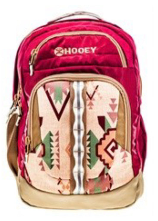 HOOEY OX BACKPACK-BURGUNDY/TAN WITH AZTEC PATTERN ACCENTS
