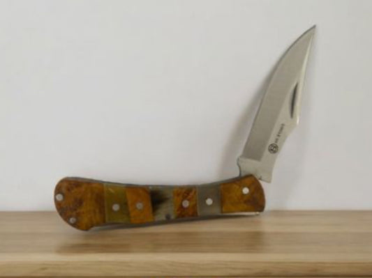 CIRCLE SH CUTLERY BACKLOCK FOLDING KNIFE-MAPLE WOOD AND RAM HORN HANDLE  3.5” FOLDED