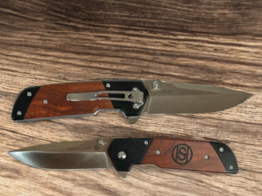 CIRCLE SH CUTLERY 4.5” FOLDER BLACK BOLSTER, ROSEWOOD HANDLE, LASER LOGO CLIP KNIFE
