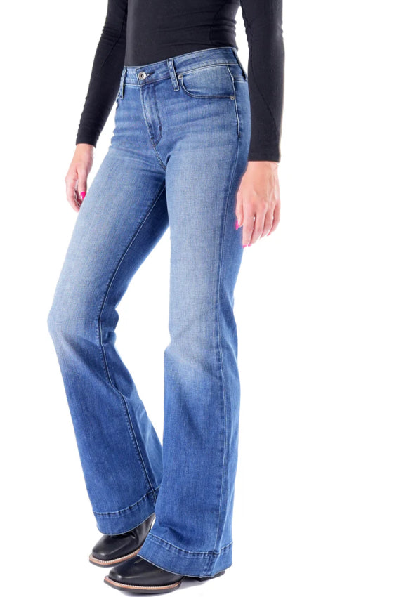 HAALA DENIM BELLA TROUSER FLARE JEANS IN INDIGO STONE WITH BLACK STITCH