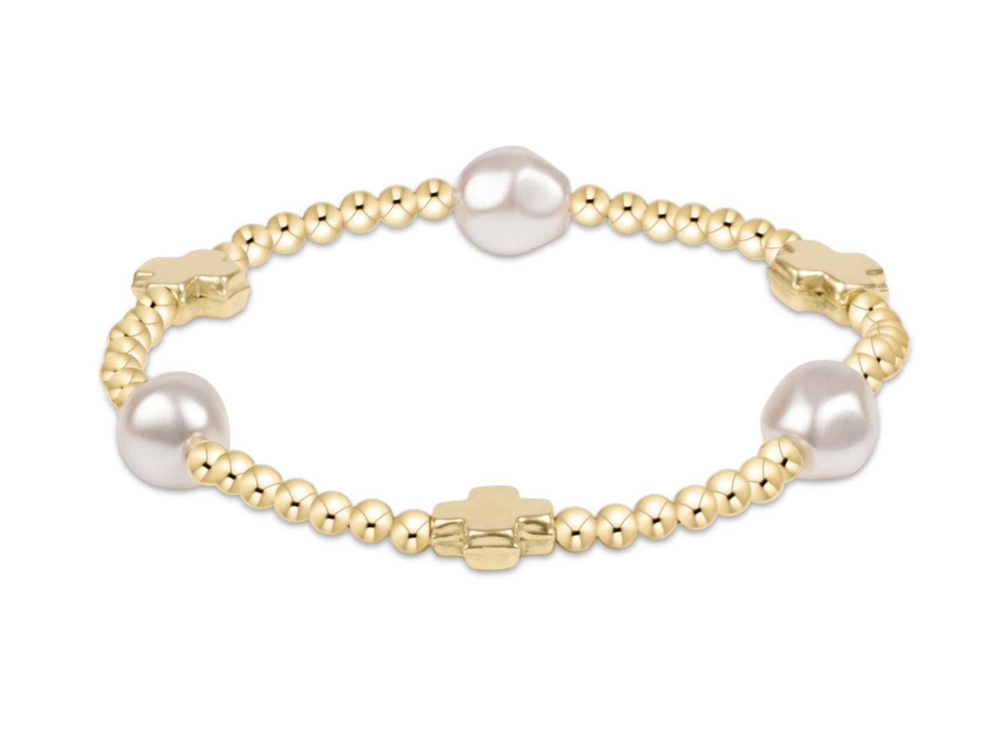 E NEWTON SIGNATURE CROSS GOLD & ADMIRE PEARL 3MM GOLD BRACELET