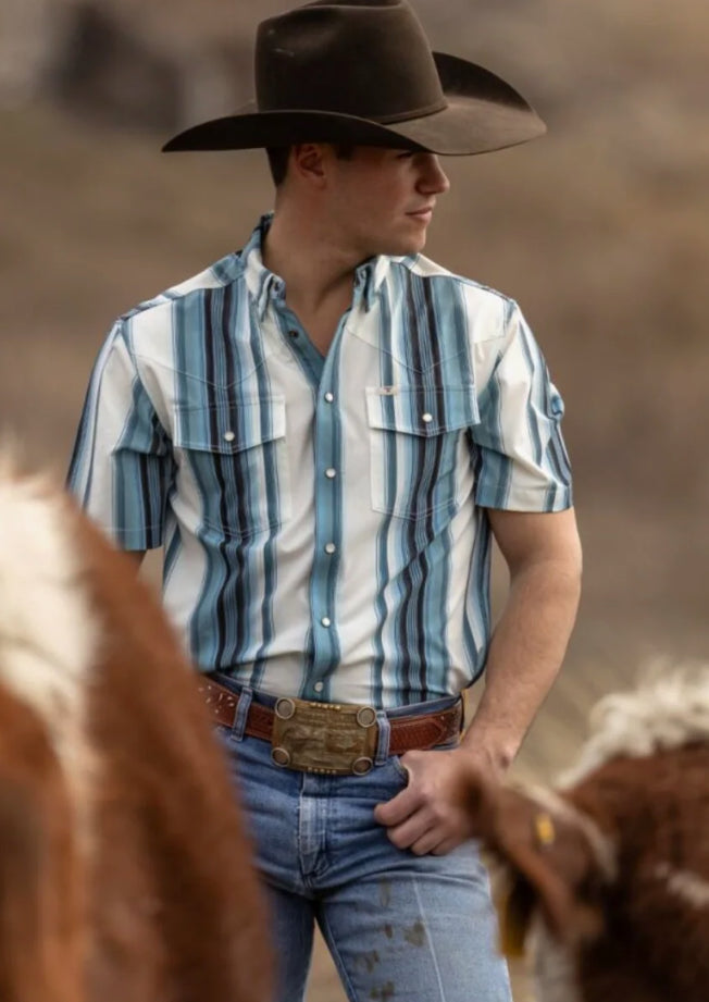 FERRELL BRAND “THE HARRISON” IN BLUE-SHORT SLEEVE PEARL SNAP SHIRT