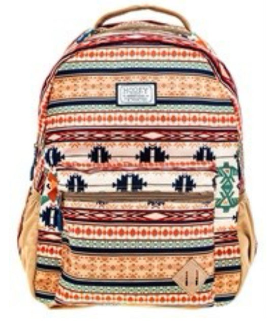 HOOEY RECESS BACKPACK HONEY MUSTARD/OMBRE BLUE THUNDERBIRD PATTERN ALL OVER WITH TAN ACCENTS