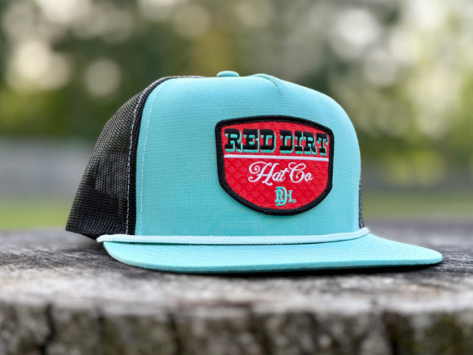 RED DIRT HAT CO TURQUOISE DIAMONDS-TURQUOISE PERFORMANCE/BLACK WHITE ROPE 5 PANEL HAT