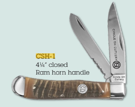 CIRCLE SH CUTLERY KNIFE FOLDER 4 1/4” CLOSED RAM HORN SERRATED
