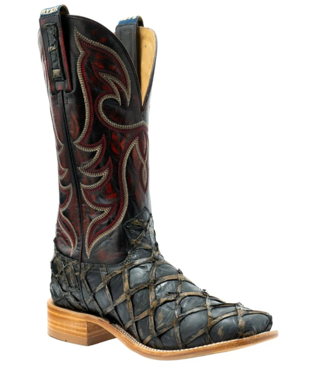 HYER BOOT COMPANY MENS COWLEY MATTE DARK BROWN BIG BASS WITH BLACK CHERRY GOAT SHAFT WIDE SQUARE TOE