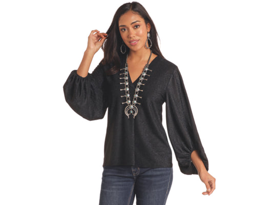 ROCK & ROLL DENIM WOMENS LUREX BALLOON SLEEVE TOP