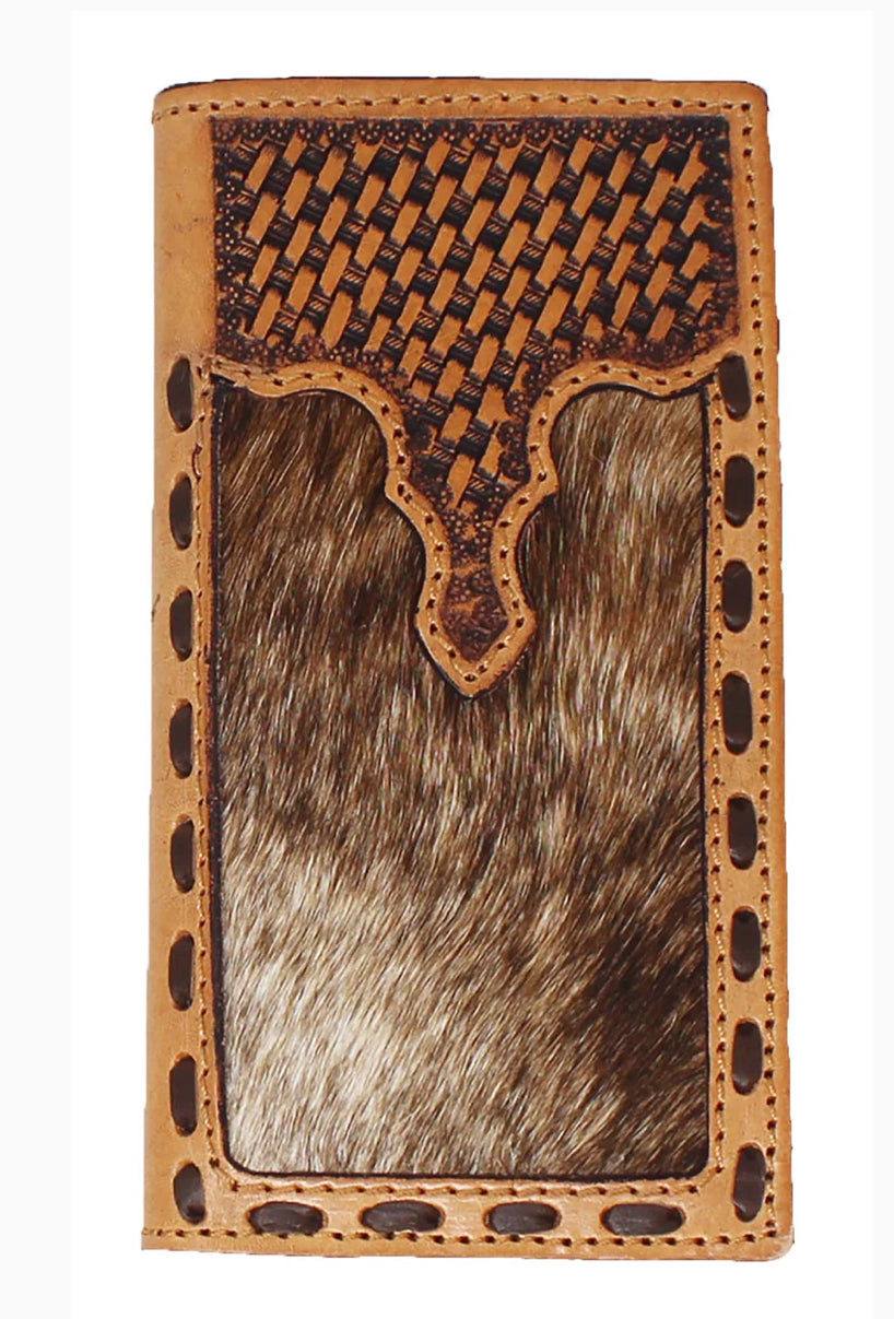 CHALLENGER HORSEWEAR MENS WESTERN COWHIDE BASKET WEAVE TOOLED LEATHER RODEO WALLET 18RTW111R