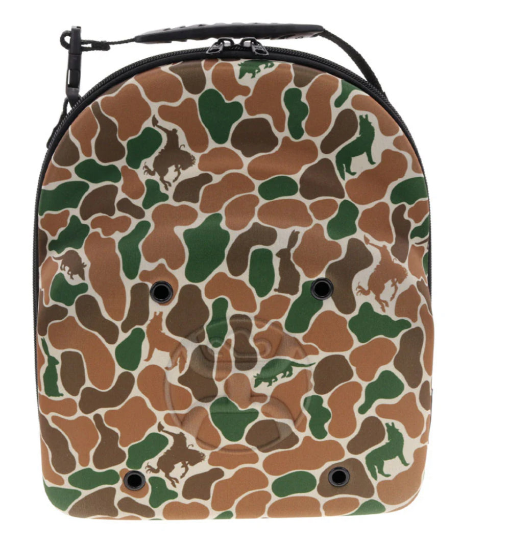 HOOEY CAP CARRIER, BROWN/GREEN CAMO OUTSIDE WITH BROWN LINING AND HOOEY LOGO WITH HANDLE TO CARRY-LARGE