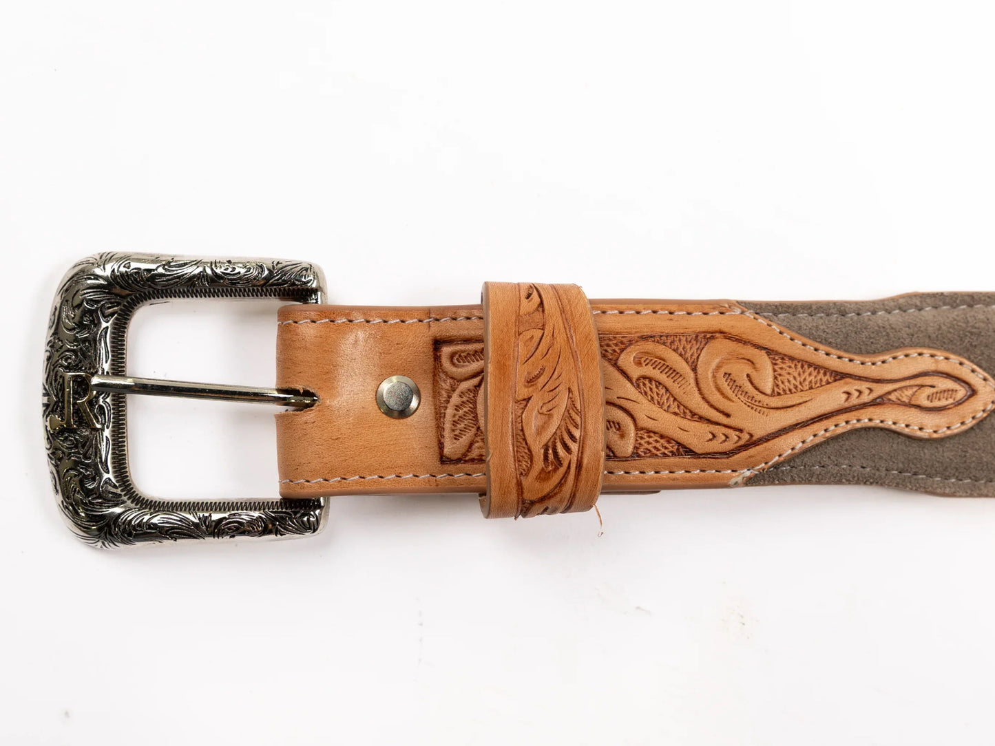 R WATSON MENS CHARCOAL ROUGHOUT SINGLE THREAD EMBROIDERY BELT