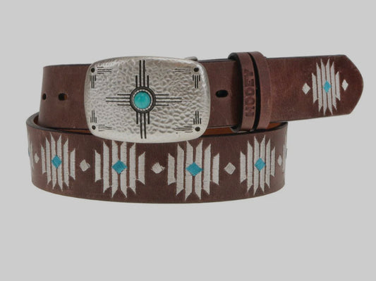 HOOEY WOMENS “BLUE DIAMOND” 1.5” DISTRESSED BROWN LEATHER BELT WITH IVORY AND TURQUOISE AZTEC EMBROIDERY SMALL SCALLOPED AZTEC BUCKLE WITH FAUX TURQUOISE