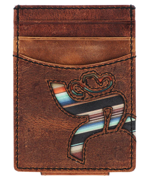 HOOEY “HAWK” LASER CUT HANDS-UP ROUGHY LOGO MONEY CLIP WALLET WITH SUNSET SERAPE PRINT INLAY