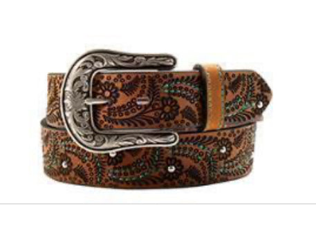 NOCONA WOMENS BELT TURQUOISE STITCH PAISLEY BROWN