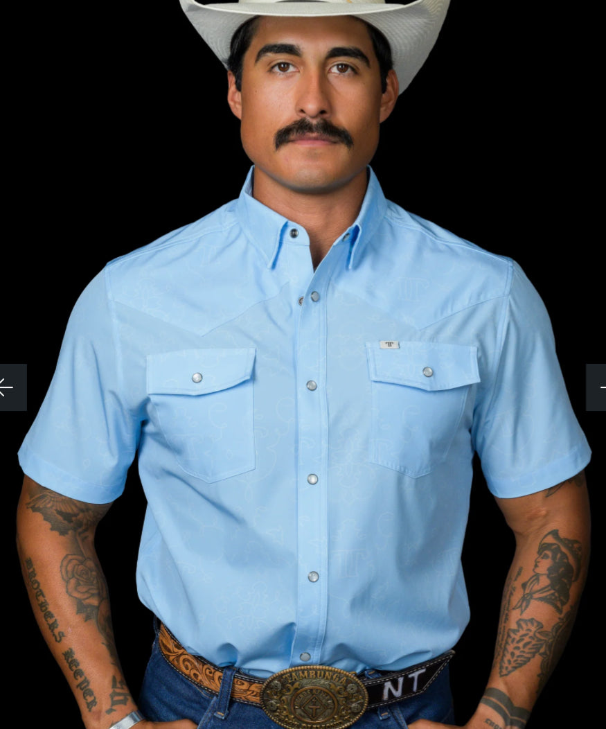 FERRELL BRAND “THE CARSON” IN LIGHT BLUE-SHORT SLEEVE PEARL SNAP SHIRT