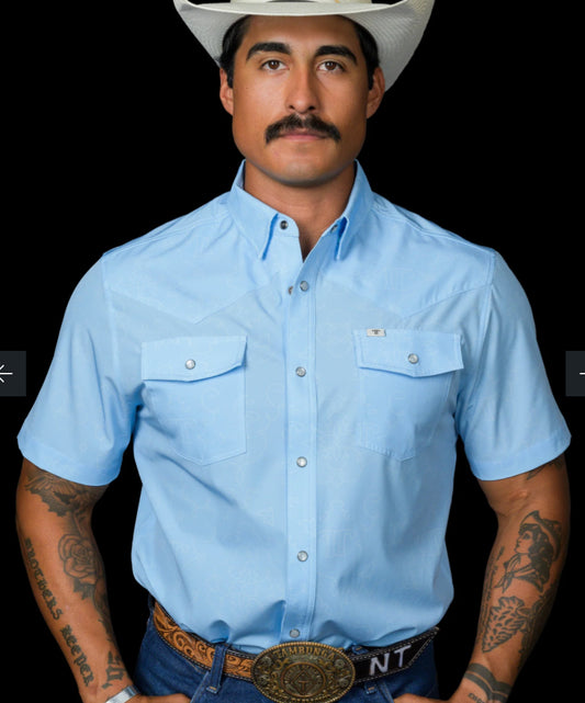 FERRELL BRAND “THE CARSON” IN LIGHT BLUE-SHORT SLEEVE PEARL SNAP SHIRT
